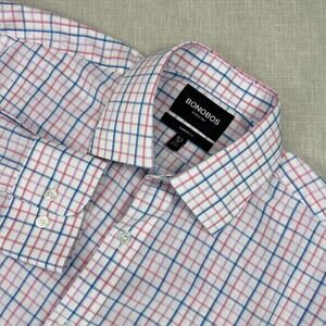 Bonobos Button Down Shirt Mens 15.5x33 White Blue Pink Tattersall Standard Fit
